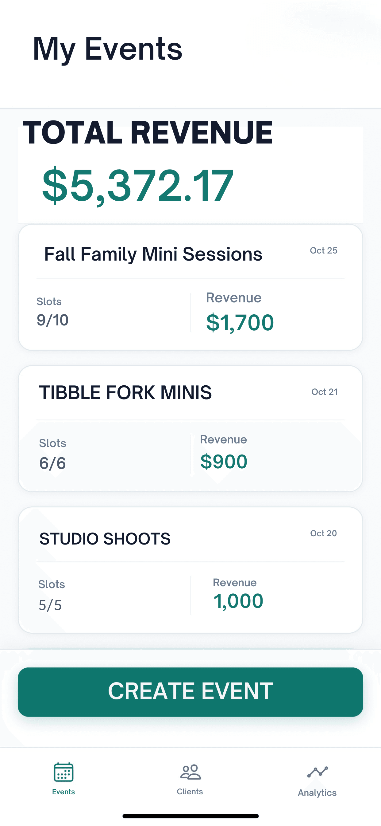 MiniShoots app dashboard showing total revenue and events